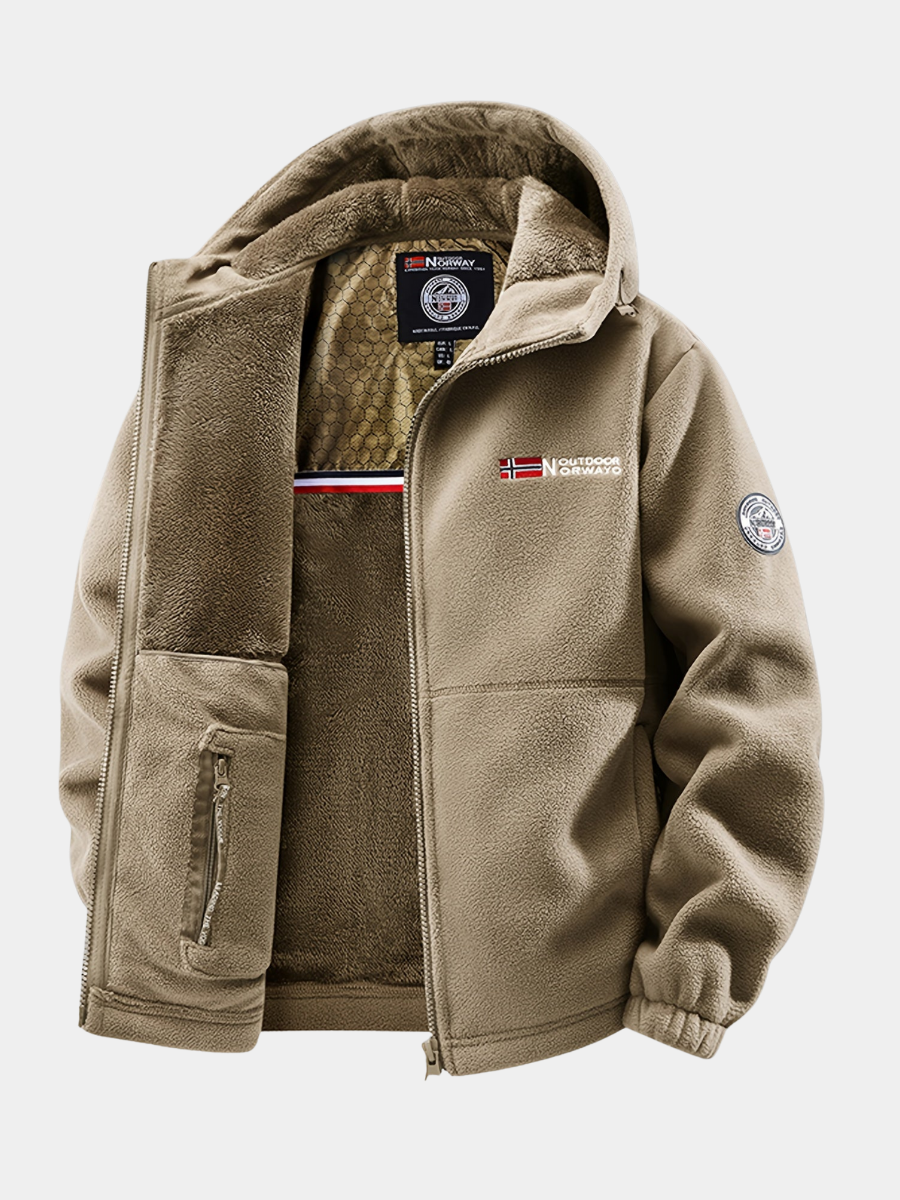 Veste polaire thermique homme coupe-vent avec capuche kaki. Confort et chaleur pour l'hiver et la randonnée.