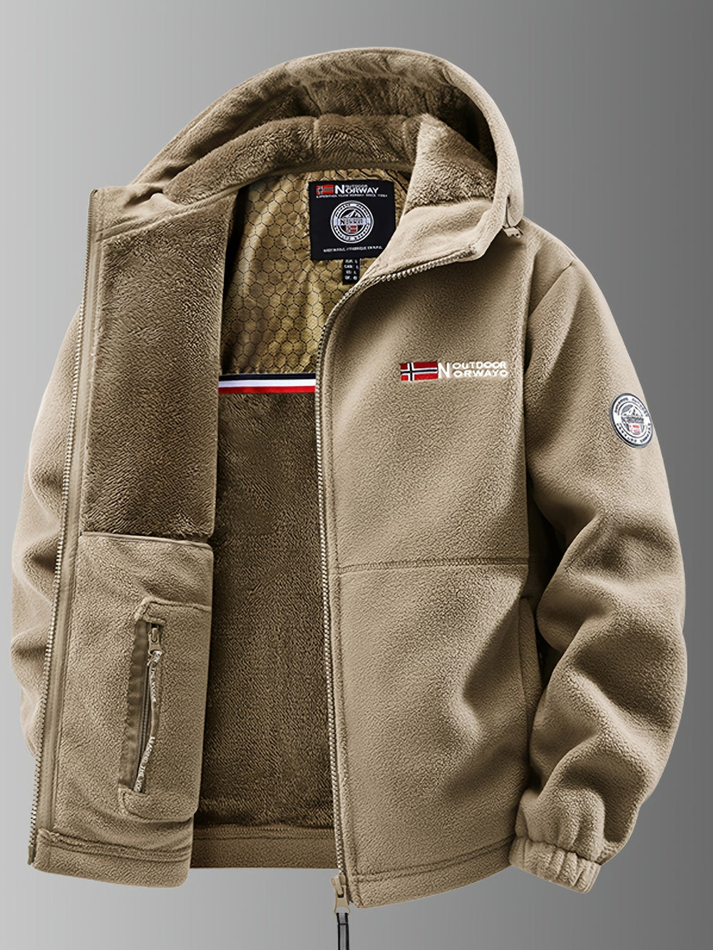 Veste polaire thermique homme grise coupe-vent à capuche. Idéale pour hiver, randonnée et casual.
