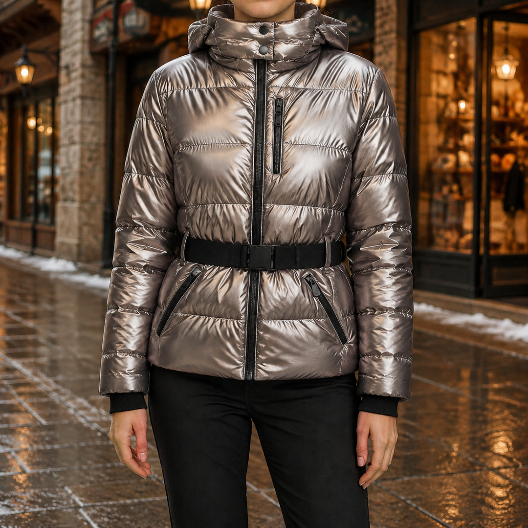Mode hiver: doudoune femme chaude, élégante, ceinturée pour le ski.
