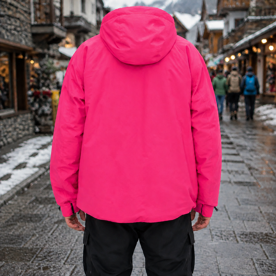 Veste d'hiver unisexe avec capuche, idéale pour ski, snowboard et randonnée en montagne.