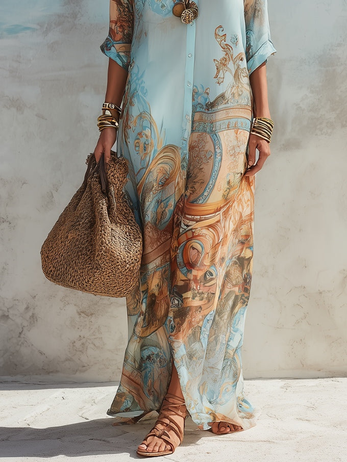 Magnifique robe longue chemise fluide pour femme avec un riche imprimé paisley. Tendance et confortable.