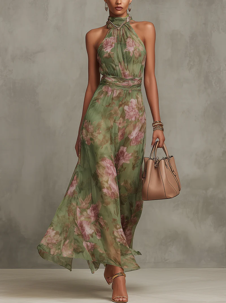 Robe longue fleurie élégante pour femmes, fluide, avec col halter. Parfaite pour l'été, un mariage ou des vacances.