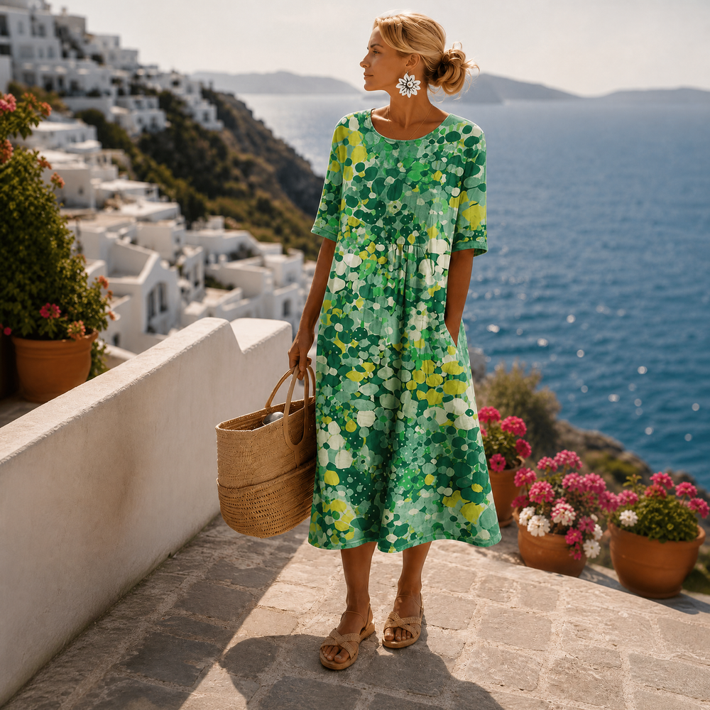 Robe florale midi pour femme avec col rond et imprimé estival. Confortable et tendance pour la mode féminine d'été.