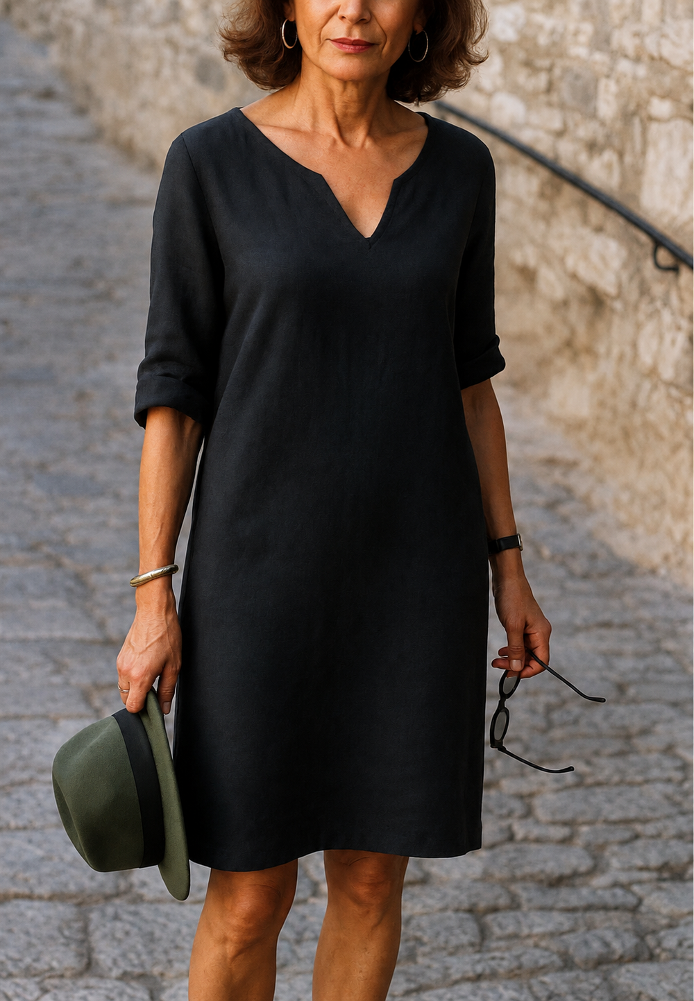 Robe ample femme col V, manches 3/4, tissu doux, offrant un confort optimal pour le quotidien ou l'été.