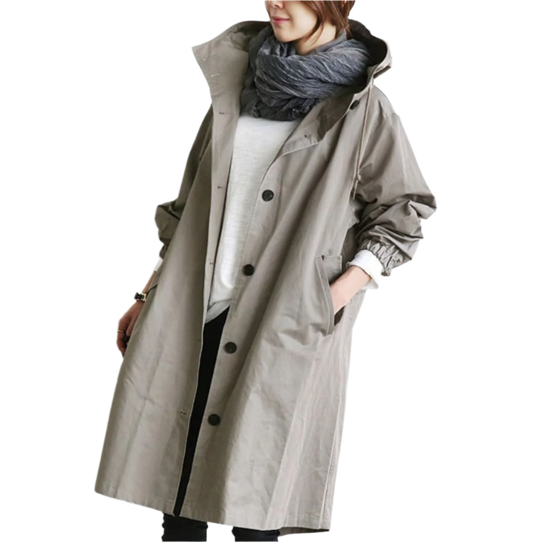 Trench-coat femme élégant, imperméable et coupe-vent, idéal pour la mi-saison urbaine.