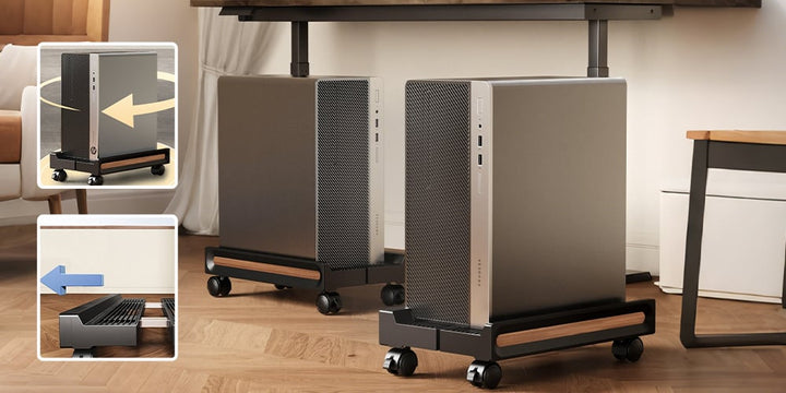 Meuble d'appoint mobile pour tour d'ordinateur de bureau avec roulettes, facilite nettoyage et gestion des câbles.