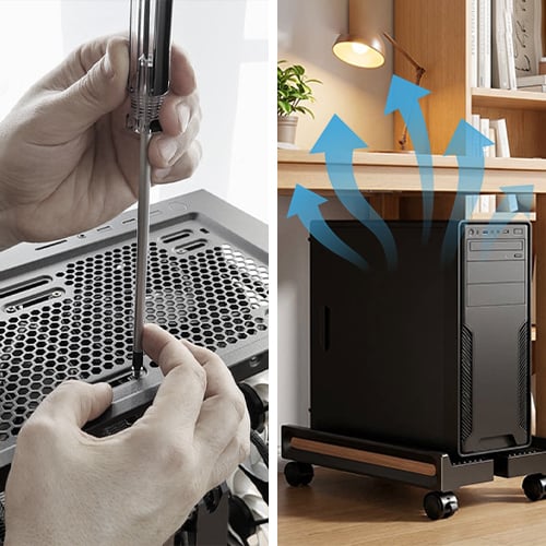 Élévateur de PC avec roues, garde votre tour d'ordinateur surélevée pour un meilleur flux d'air et un nettoyage aisé.