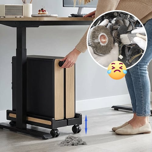Chariot informatique noir avec roulettes, support idéal pour déplacer facilement votre boîtier PC au bureau.