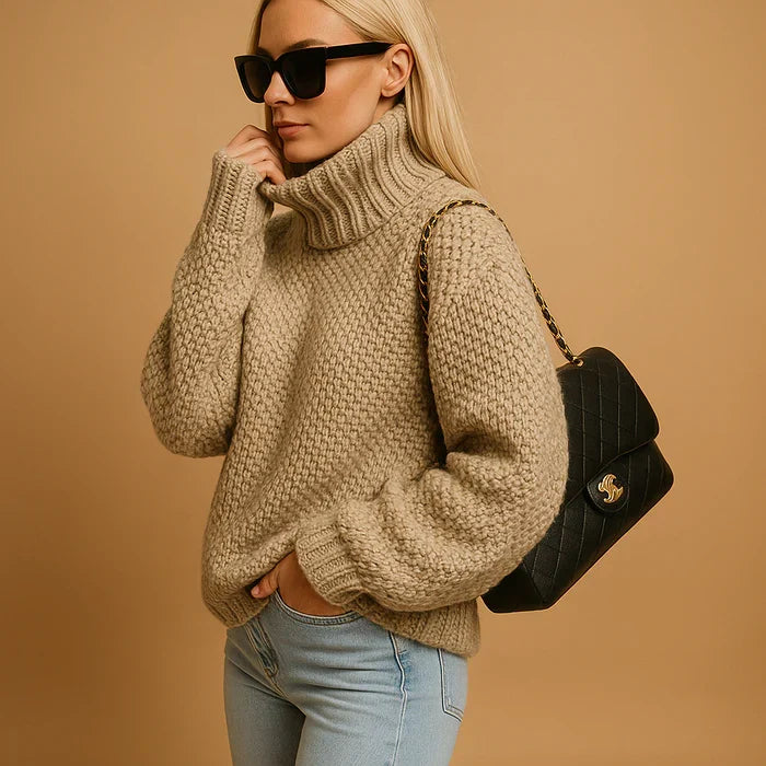 Chandail femme col roulé Hyacinth. Style décontracté chic, parfait pour un look hivernal et automnal confortable.