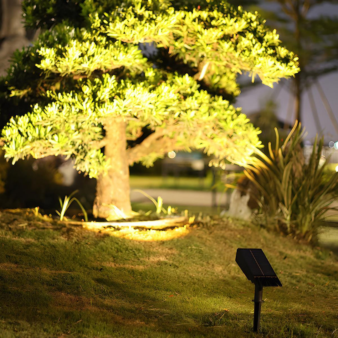 Spot solaire LED blanc chaud, parfait pour éclairage d'ambiance de jardin et allée.