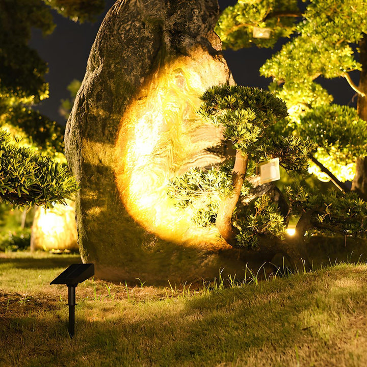 Projecteur solaire LED extérieur IP65, pour éclairage d'allée ou de jardin, ambiance chaleureuse.