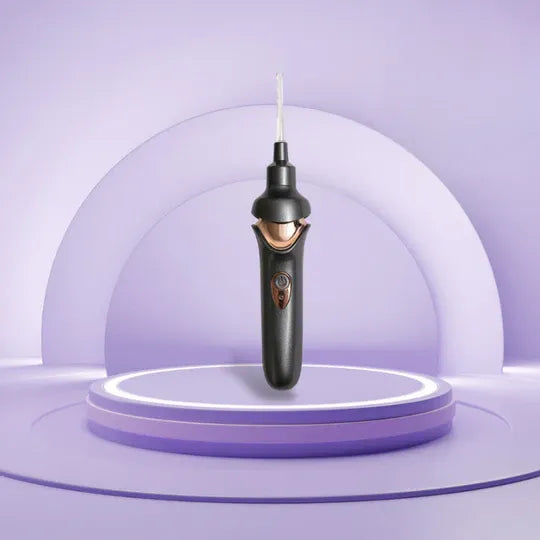 Aspirateur auriculaire noir, compact et ergonomique, idéal pour un retrait sûr et hygiénique du cérumen.