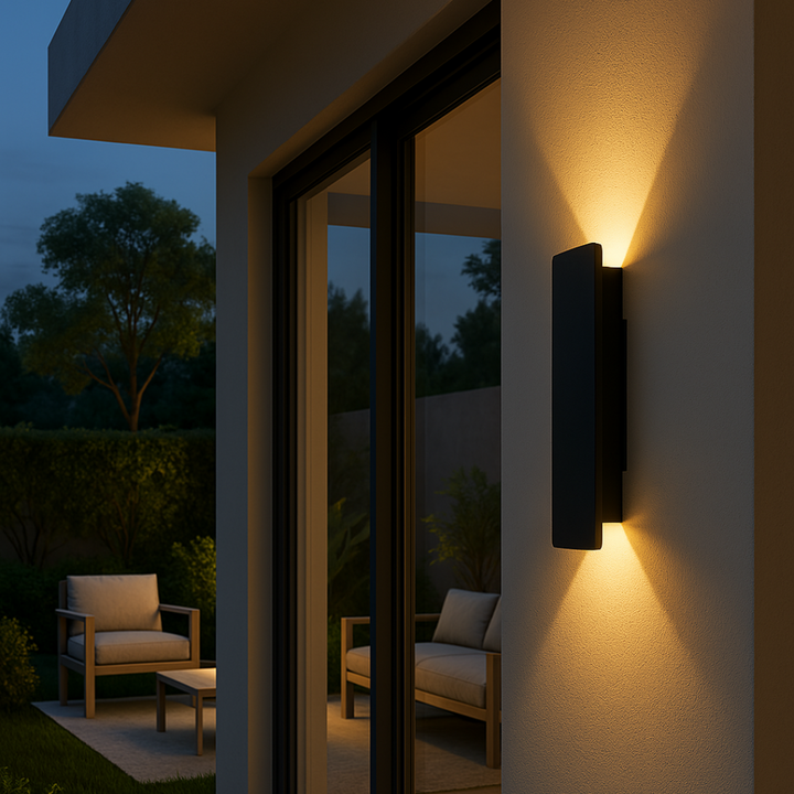 Luminaire mural LED extérieur moderne en aluminium, idéal pour balcon et terrasse, design contemporain.
