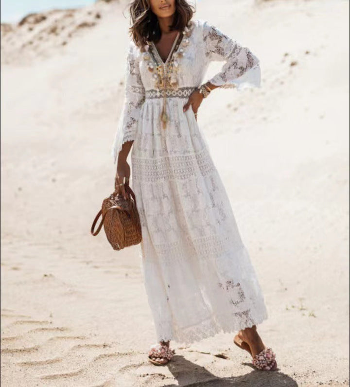 Robe maxi femme Elvira, style bohème chic. Tissu léger et fluide, idéale pour l'été et les occasions décontractées.
