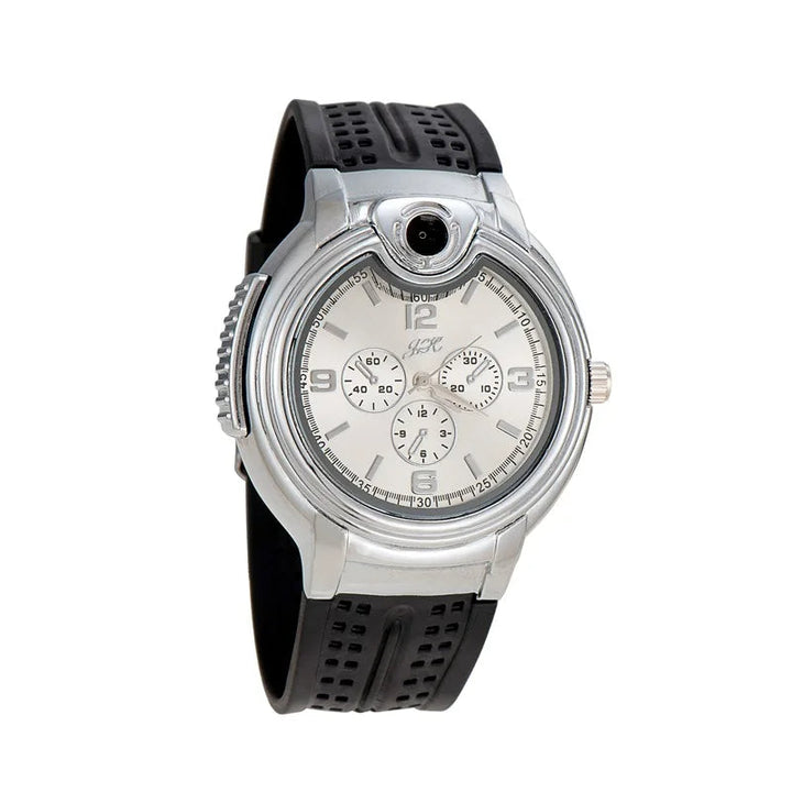 Montre-briquet à gaz coupe-vent innovante pour homme. Élégant accessoire 2-en-1: temps et flamme protégée.