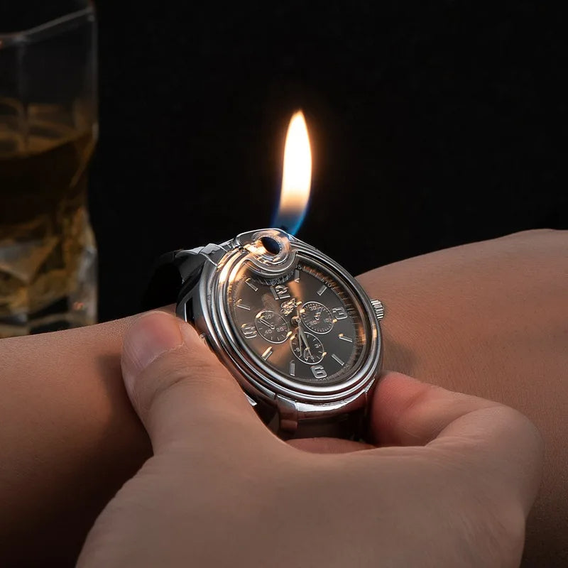 Montre briquet à gaz coupe-vent élégante pour homme, rechargeable. Accessoire pratique et multifonction.