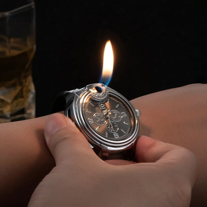 Montre briquet à gaz coupe-vent élégante pour homme, rechargeable. Accessoire pratique et multifonction.