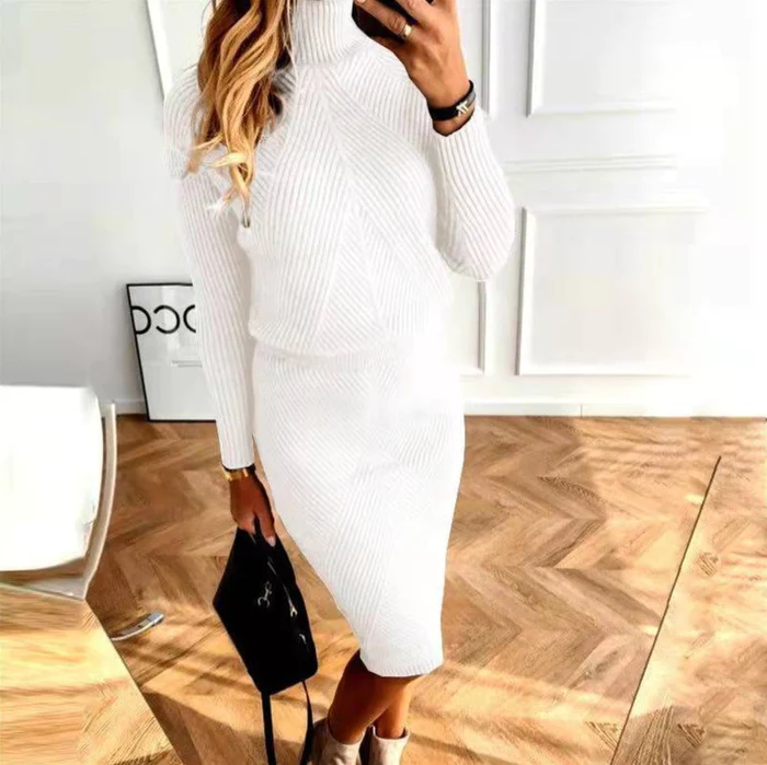 Élégante robe pull midi pour femme, tricotée, confortable et chaude pour l'hiver.