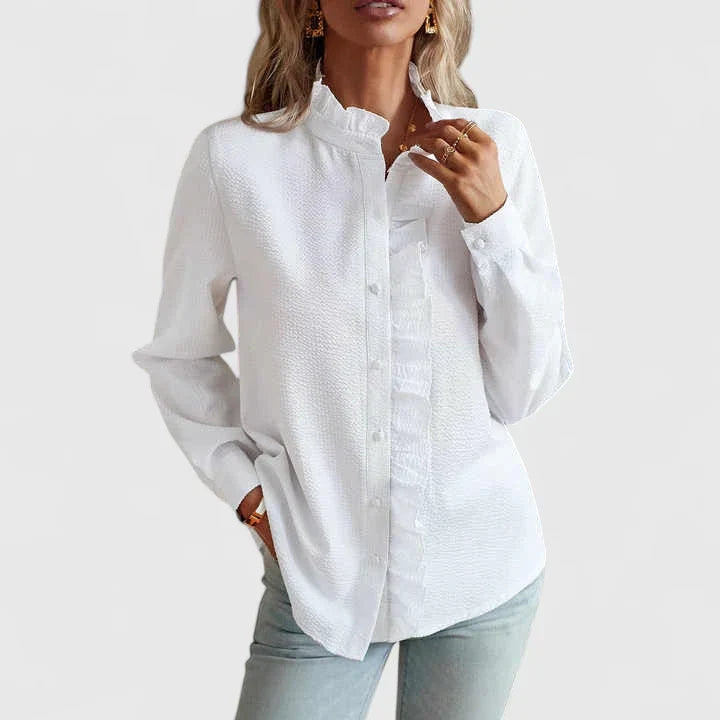 Haut féminin chic Marcelina pour printemps/été, blouse élégante à volants, parfaite pour mode femme versatile.