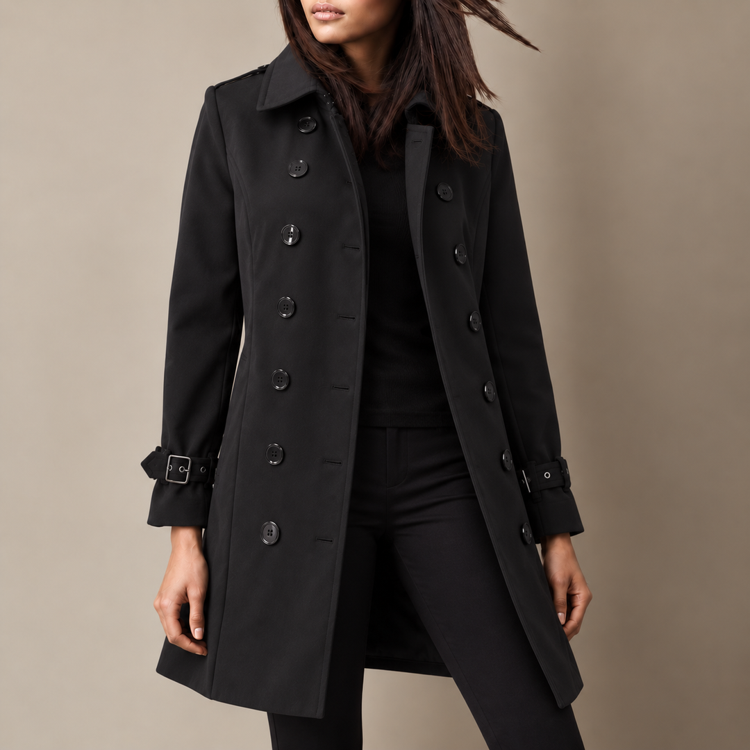 Manteau trench femme sophistiqué, coupe longue ajustée, double boutonnage, vêtement extérieur chic pour l'hiver.