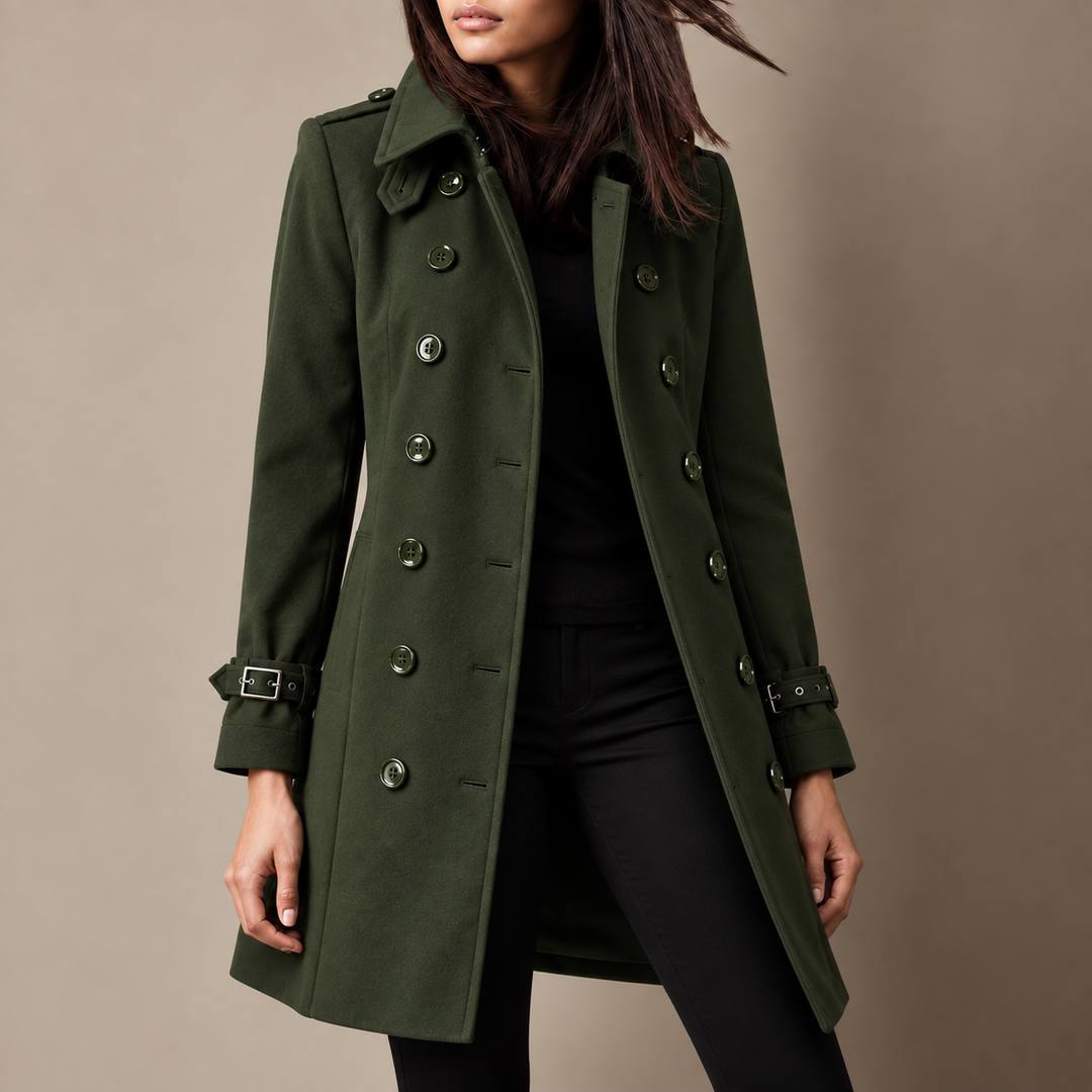 Trench coat femme long ajusté, double boutonnage, idéal pour un look chic et professionnel. Mode automne.