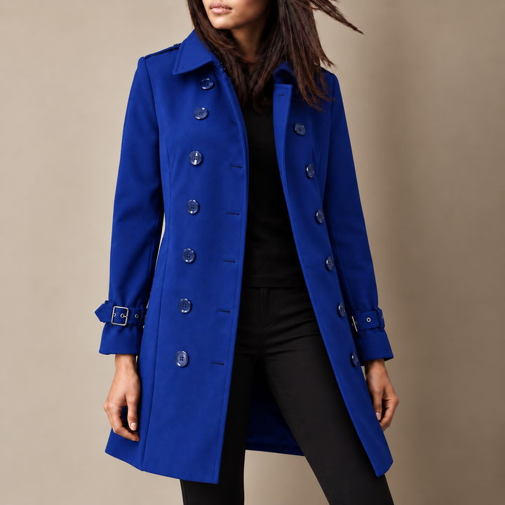 Manteau trench long femme ajusté à double boutonnage, élégant pour l'automne-hiver, couleur beige classique.