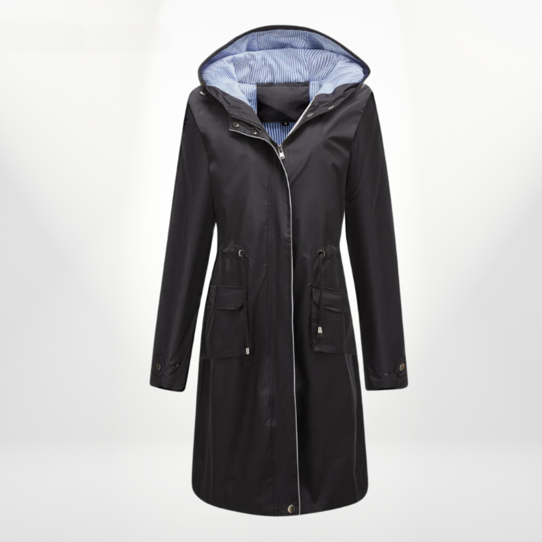 Veste de pluie Freida femme, imperméable et chic avec capuche, taille ajustable. Parfaite pour printemps/automne.