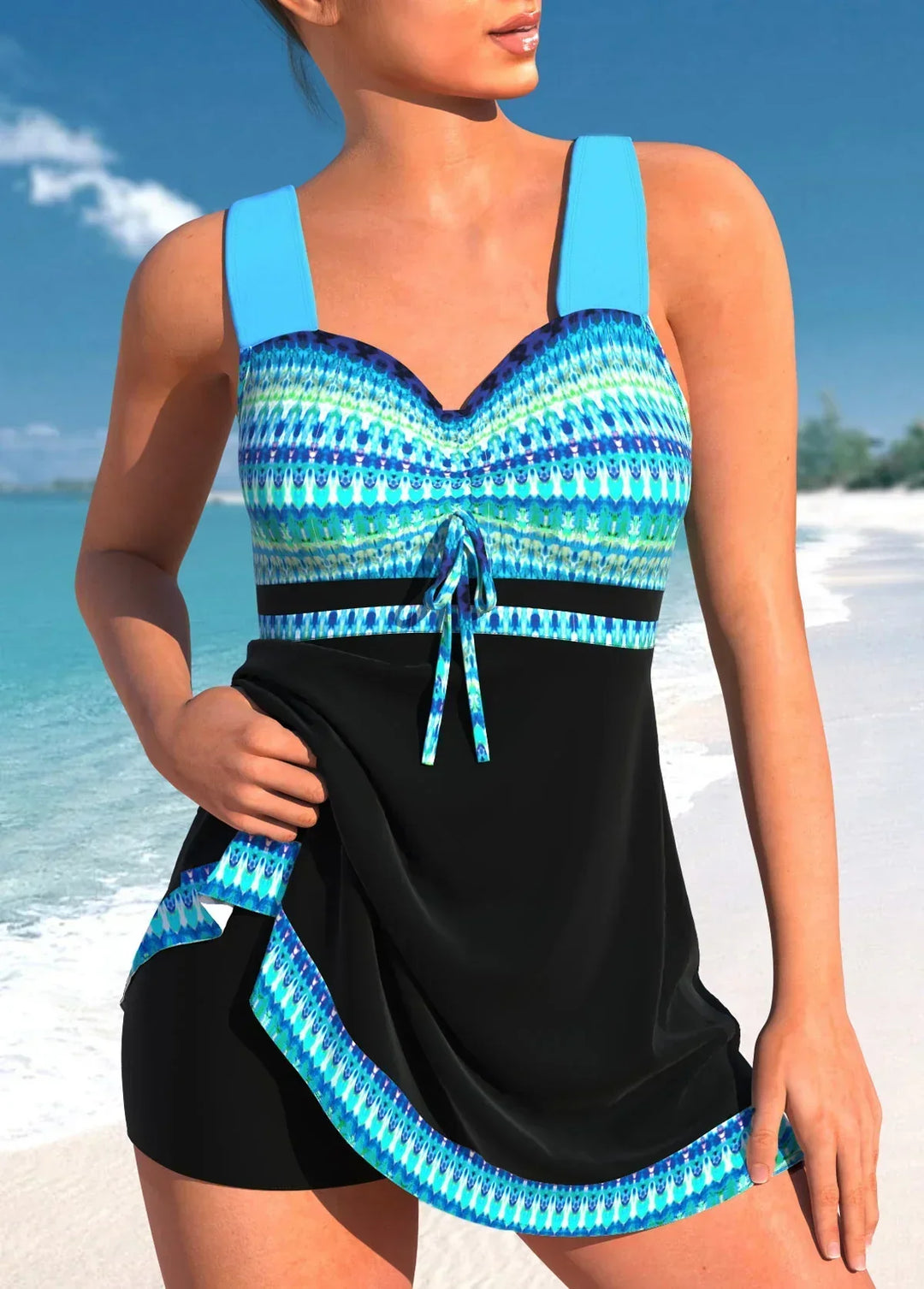 Swimwear femme chic bleu gris, maillot de bain confortable idéal pour un été mode à la plage ou piscine.