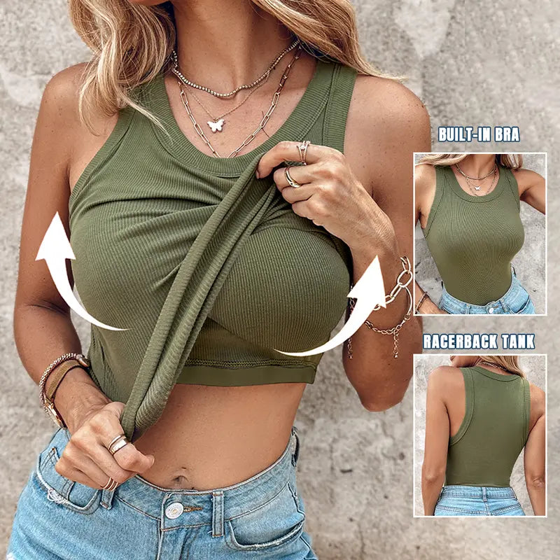 Débardeur femme vert côtelé, soutien-gorge intégré, coupe sculptante. Essentiel mode estivale.