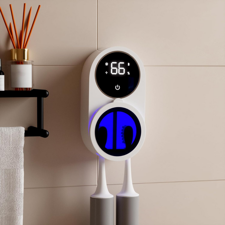 Stérilisateur UV intelligent mural pour brosses à dents, design compact et élégant dans une salle de bain moderne.