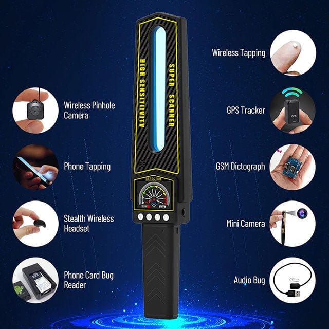 Détecteur professionnel pour trouver caméras espion, micros, traceurs GPS et bugs sans fil, pour une sécurité optimale.