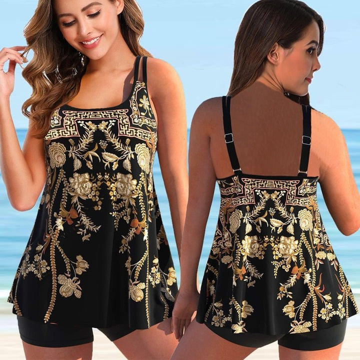 Maillot de bain tankini grande taille femme, idéal pour la natation et la détente au bord de l'eau.