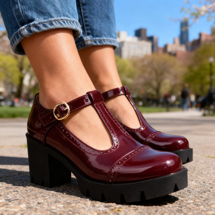 Chaussures femme Mary Jane confortables avec bride en T et talon bloc, style rétro chic. Polyvalentes.