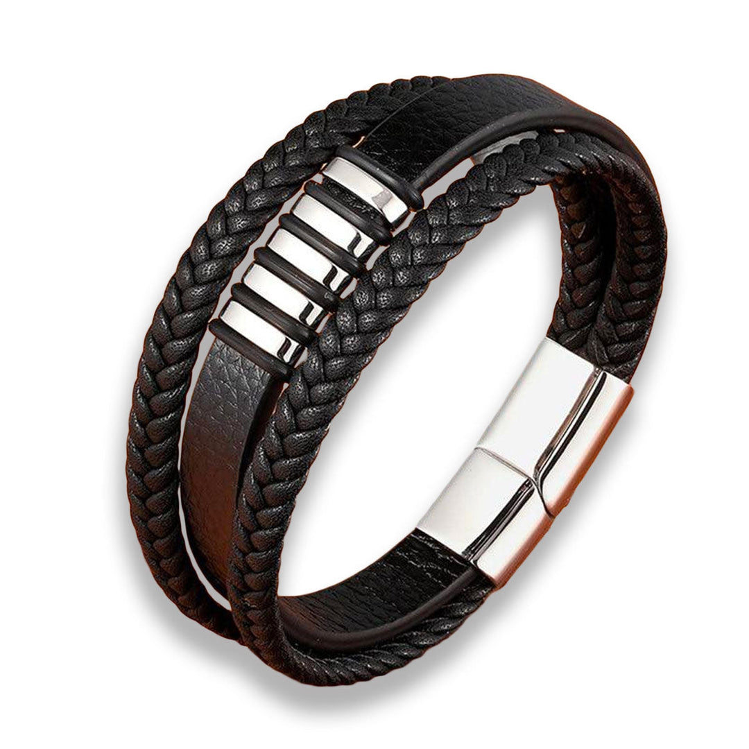 Bracelet cuir tressé noir homme, fermoir magnétique acier inoxydable. Style élégant et intemporel.