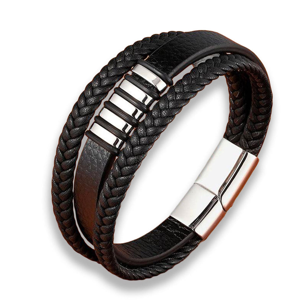 Accessoire masculin : bracelet en cuir véritable tressé, fermoir magnétique acier inoxydable. Bijou mode.