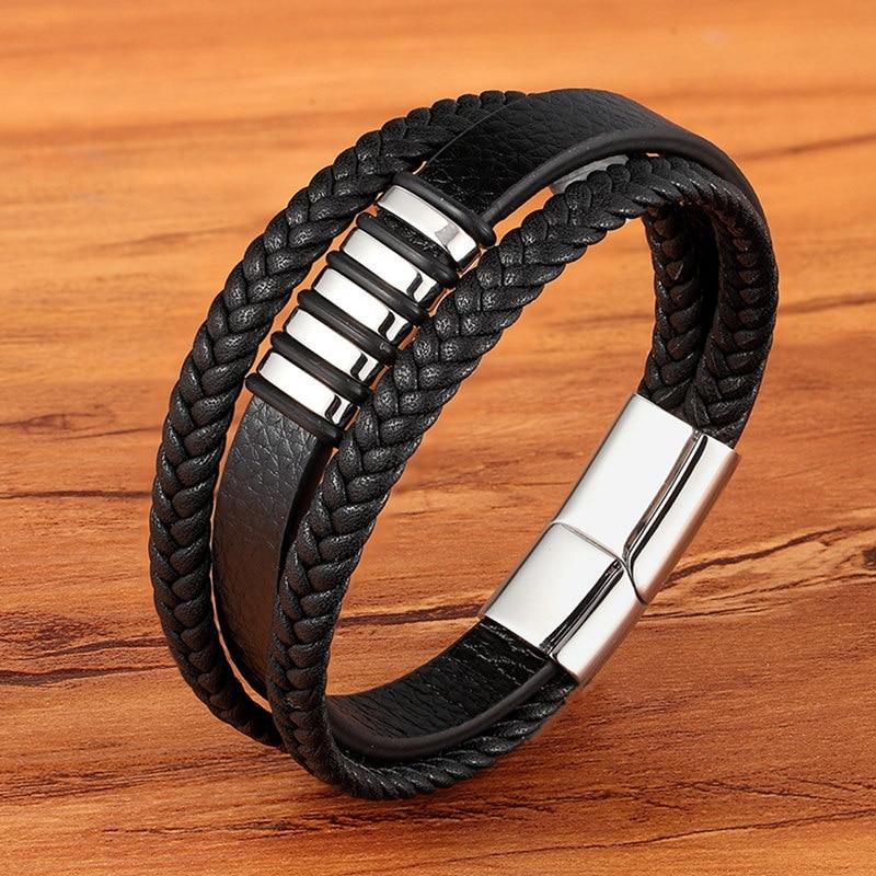 Élégant bracelet en cuir noir tressé pour hommes, fermoir magnétique robuste en acier inoxydable.