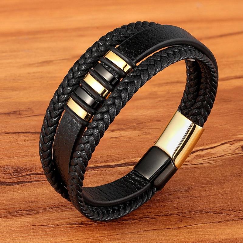 Bijou pour homme : bracelet en cuir tressé de qualité, fermoir magnétique acier inoxydable. Style intemporel.