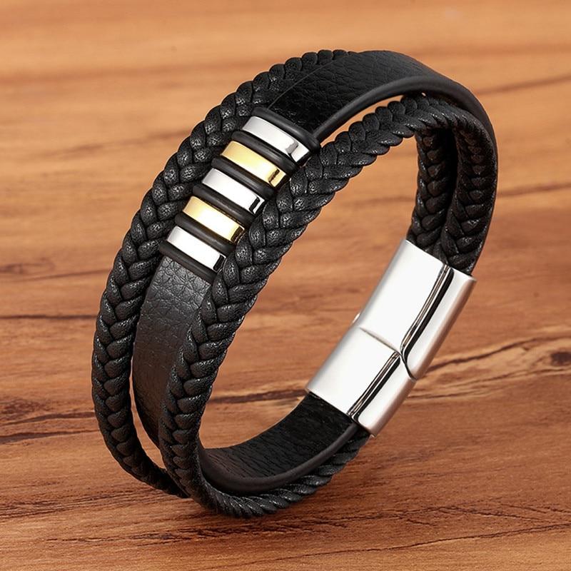 Bracelet homme en cuir élégant, design tressé, fermoir magnétique acier inoxydable. Bijou masculin vintage.